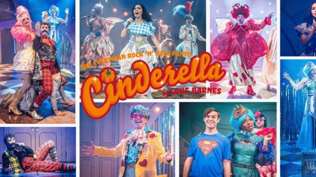 A Collage of multiple pictures from the production of the cast