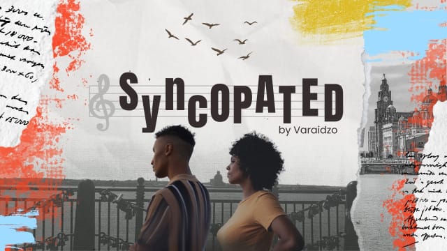 Image of a Black man and woman who are in their early twenties in the present day at Liverpool waterfront looking out to the sea, there is a collage effect on the image with elements of historic Liverpool and handwritten letters placed over the image.